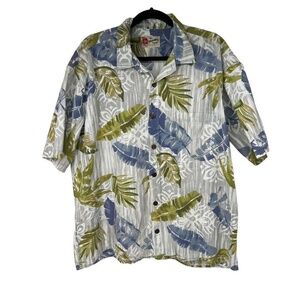 Hilo Hattie Hawaiian Gray Green Blue Print Short Sleeve Shirt